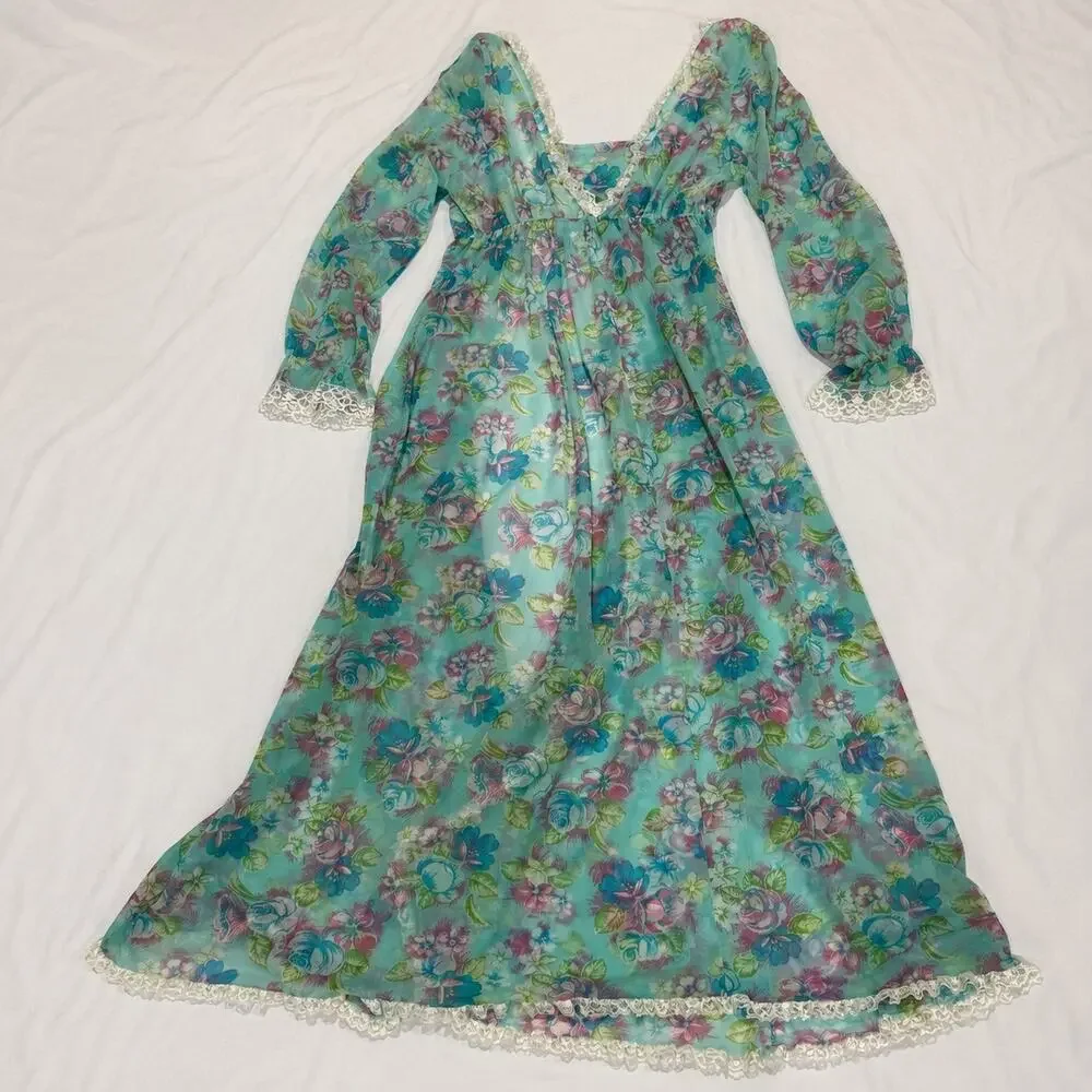 Vintage 1970s Floral Sheer Chiffon Lace Peignoir Dressing Gown Maxi Robe
